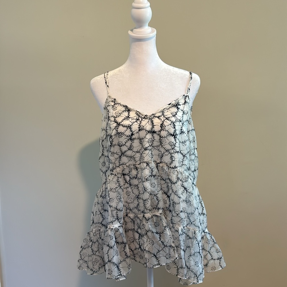 Cinq À Sept Esther Floral Ruffle Hem Sleeveless Silk Top Ivory/navy Size Medium - Picture 4 of 12